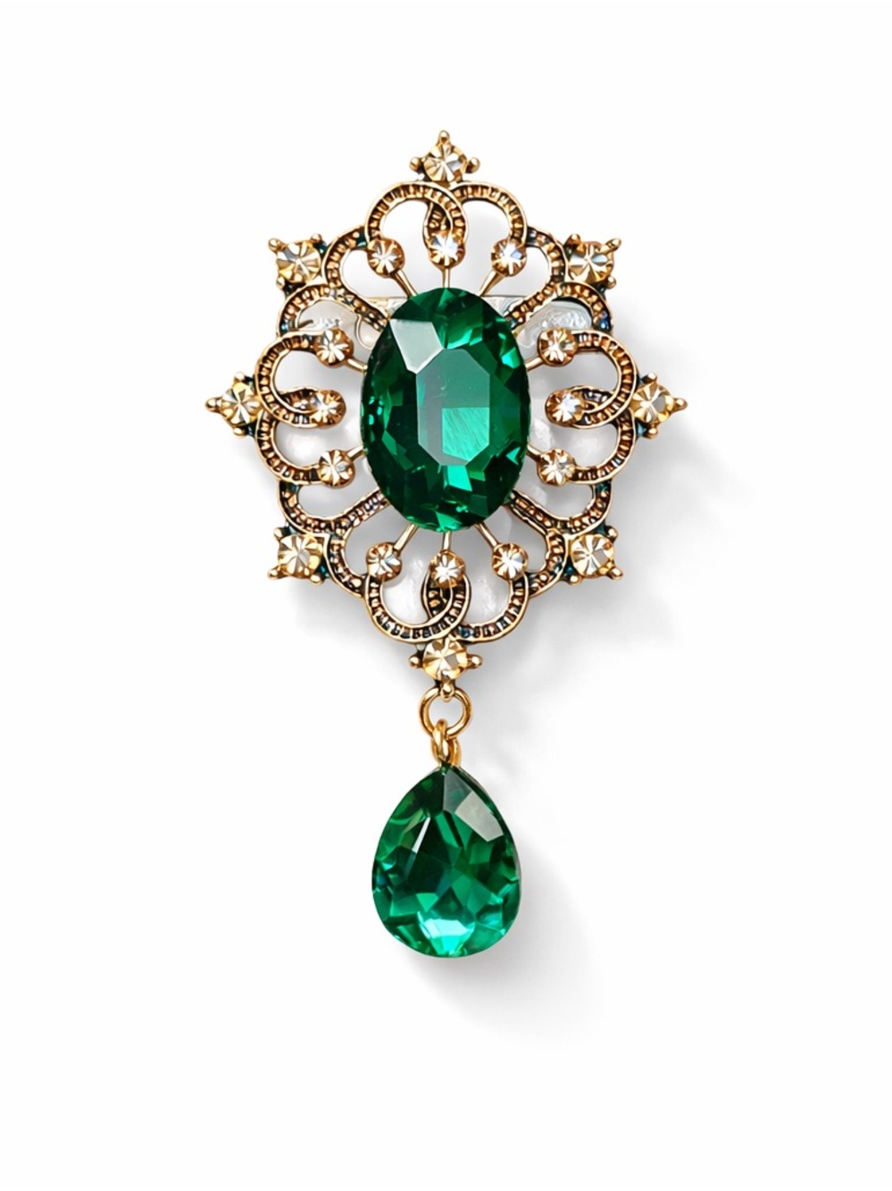 Gold-Tone Filigree Brooch with Emerald Green Stones